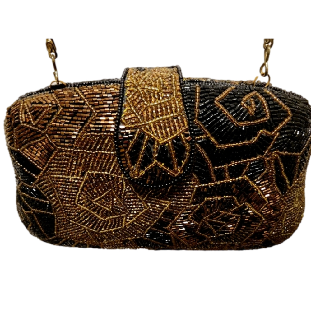 Authentic Vintage hand beaded clam sheel clutch with Leather UK. PAT 1519246